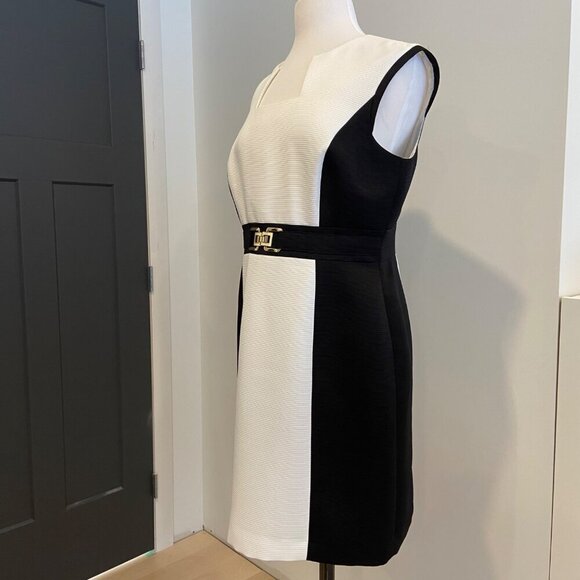 Tahari-Levine Studio Petite Black & White block Sleeveless Dress With Belt Waist - Picture 6 of 11